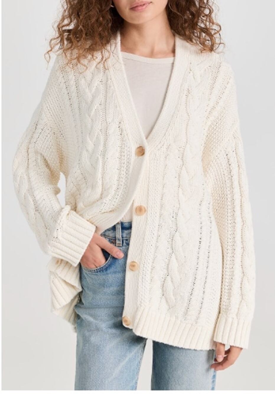 Jenni Kayne Wool & Alpaca Cable Knit Cocoon V Neck Cardigan Sweater Ivory XS